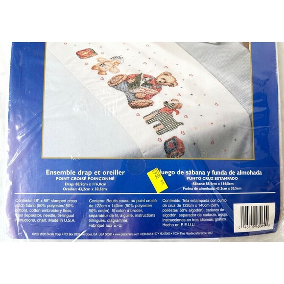 Bucilla Blue Jean Teddy Bear Sheet & Pillowcase Cross Stitch Kit Daisy Kingdom - Picture 3 of 4